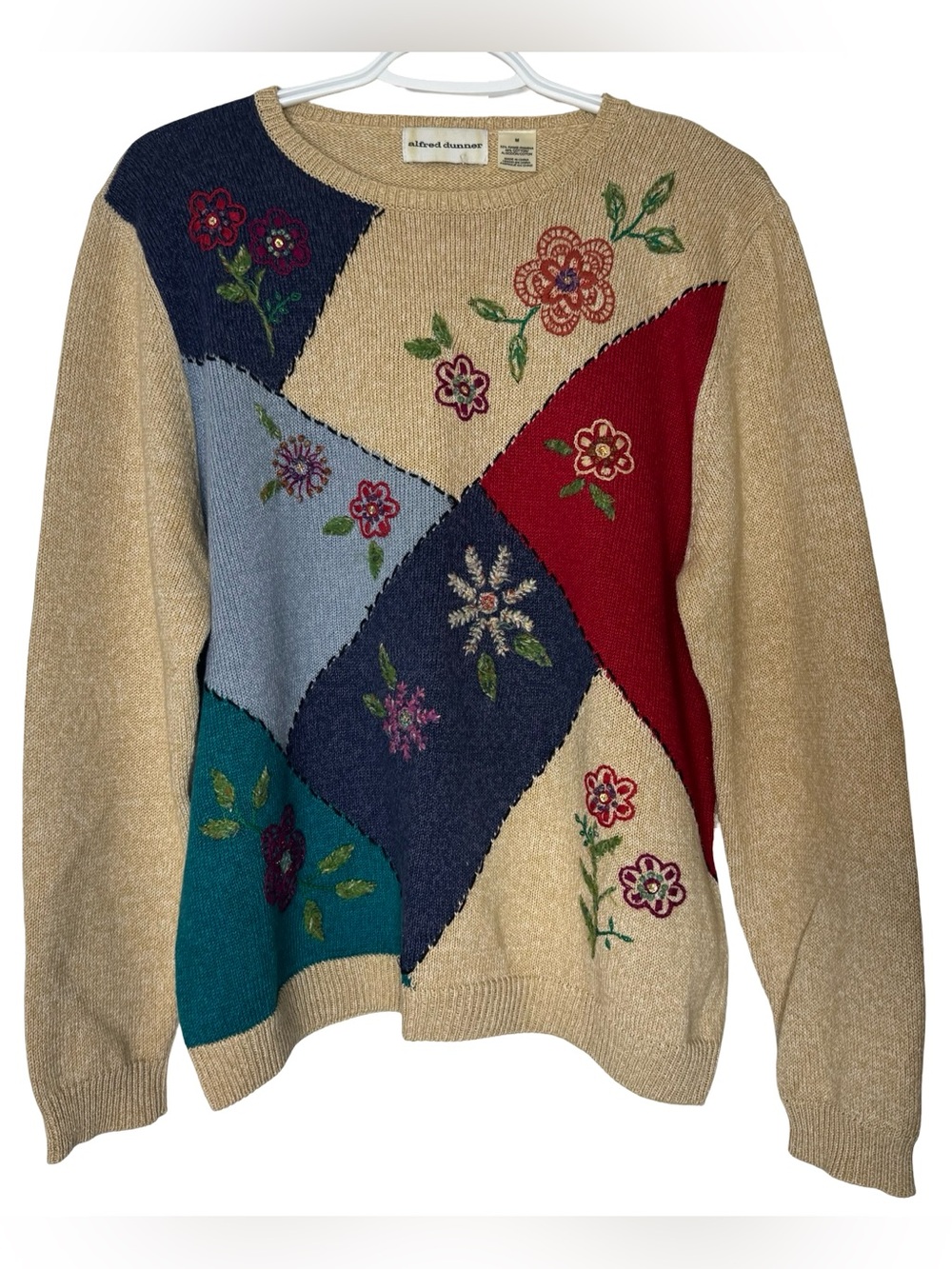 Alfred Dunner Beige Floral Patchwork Embroidered Crewneck Sweater